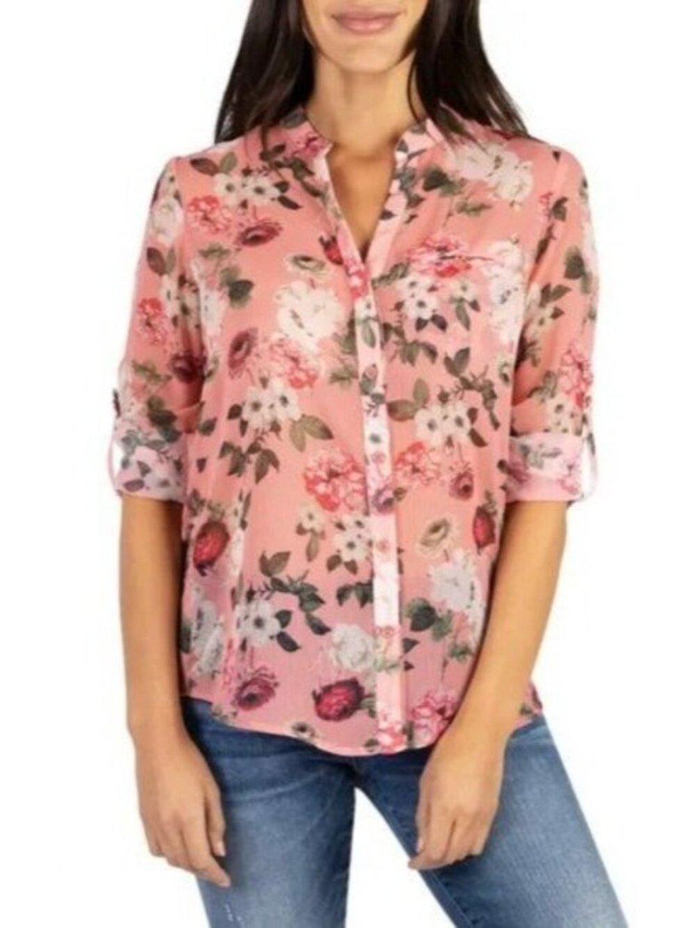 Kut from the Kloth Floral Button Up Blouse Sz M Pink Sheer Lightweight Romantic